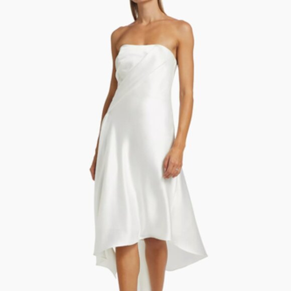 Amsale - Asymmetric Satin Strapless Midi-Dress - Picture 4 of 8